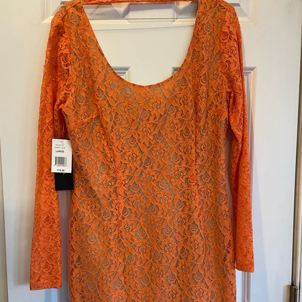 Ark and Co, Orange long sleeve lace mini dress. New with tags, size Large.